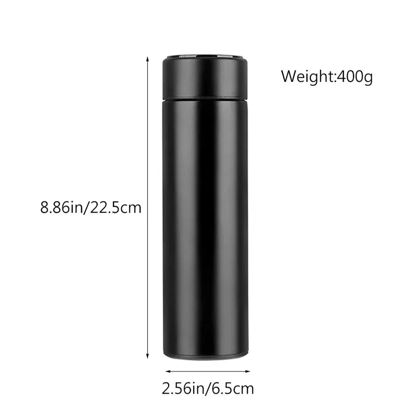 Black thermos bottle with measurements and weight displayed on a white background