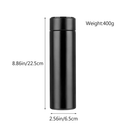 Black thermos bottle with measurements and weight displayed on a white background