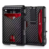Carbon fiber texture wallet with card slots and a red accent on a white background