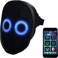 Black LED mask with blue lights and smartphone app interface on a white background