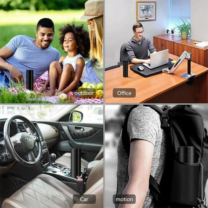 Collage of a black cup holder in various settings: outdoor, office, car, and motion.