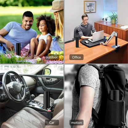 Collage of a black cup holder in various settings: outdoor, office, car, and motion.
