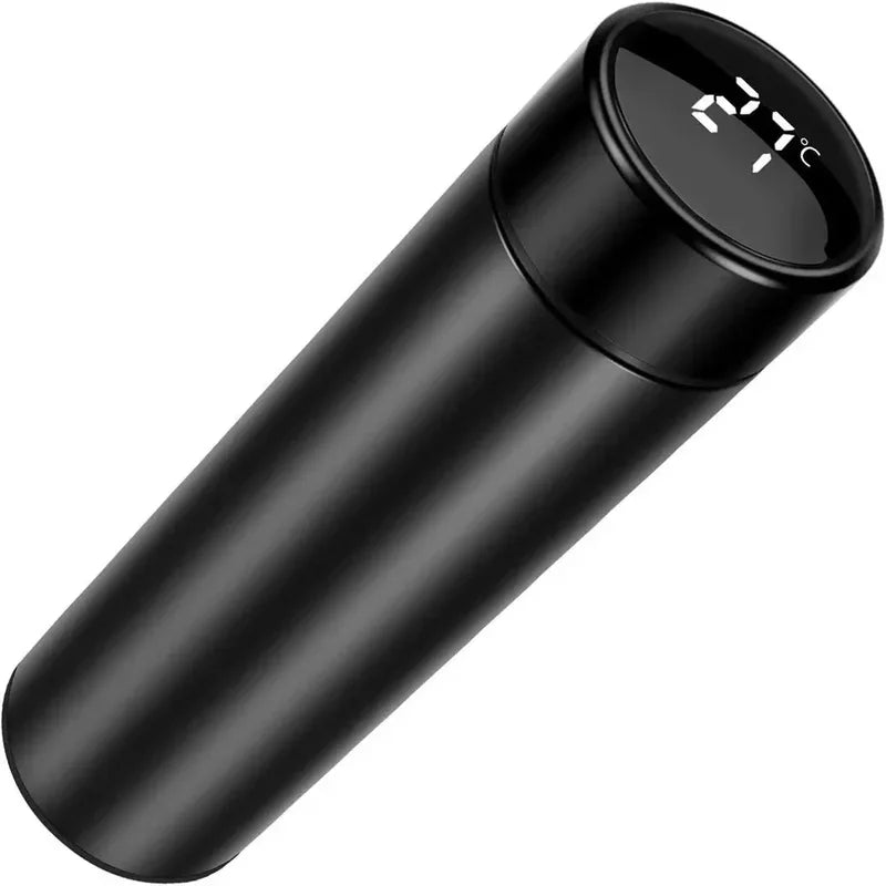 Black thermos with digital temperature display on a white background