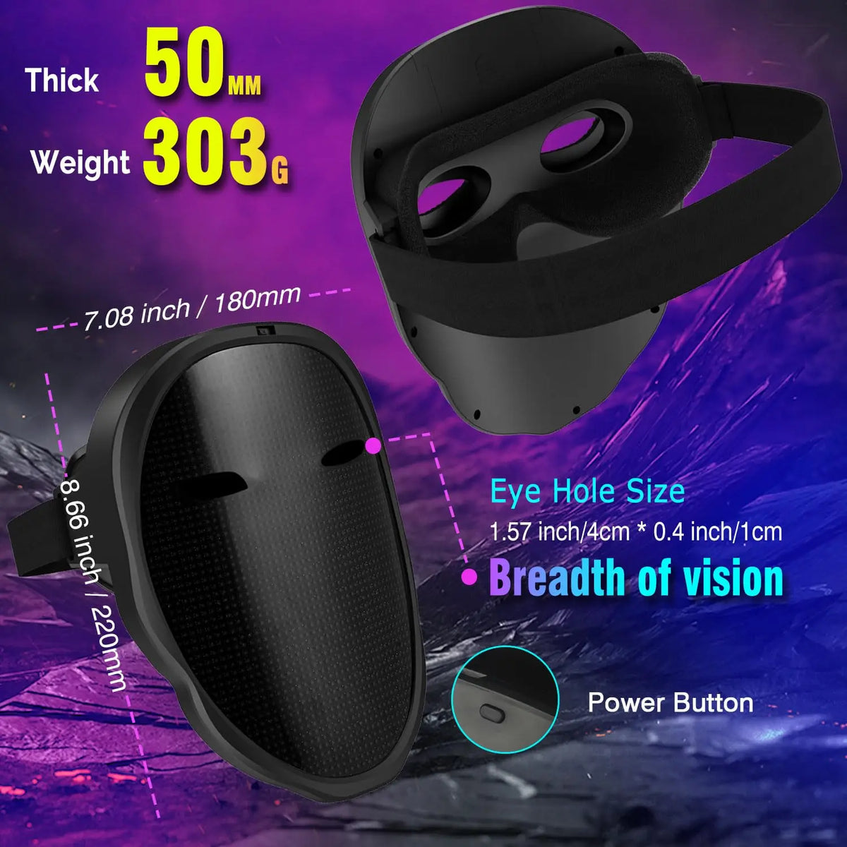 Black VR headset with specifications on a purple and blue gradient background