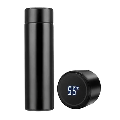 Black thermos bottle with digital temperature display on a white background