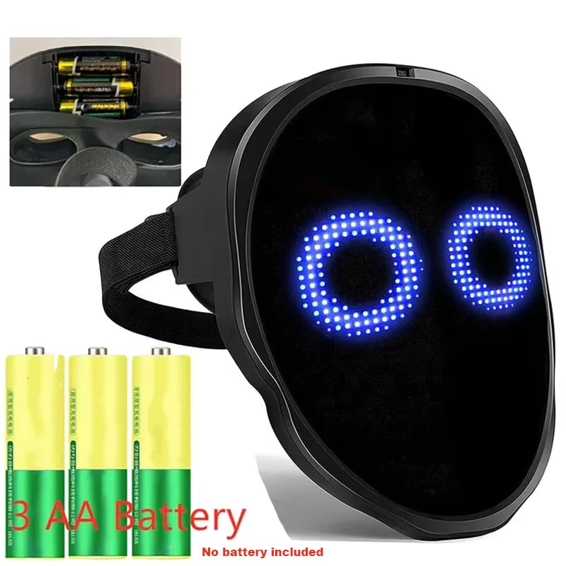 Black LED mask with blue lights, batteries, and battery compartment illustration on a white background