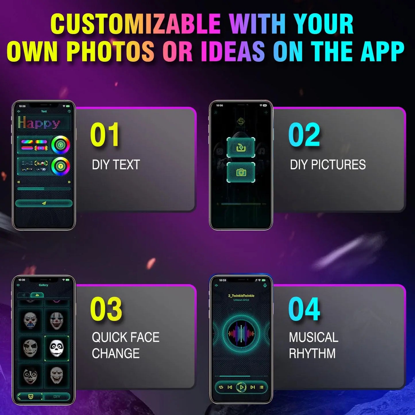 Promotional graphic for an app with customizable features on a dark background