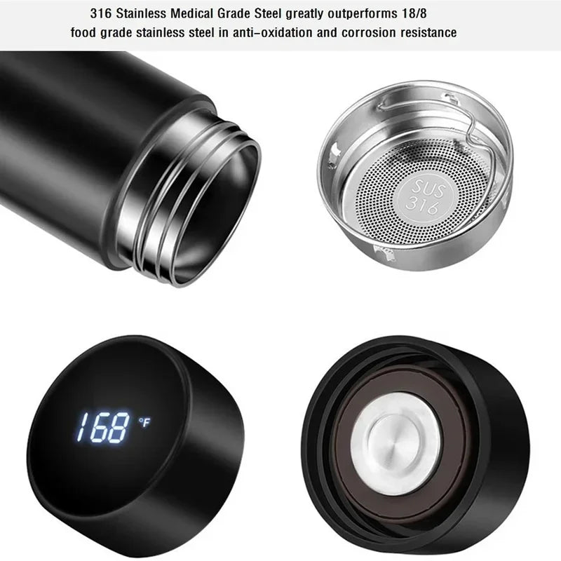 Stainless steel water bottle components with digital temperature display and mesh filter.