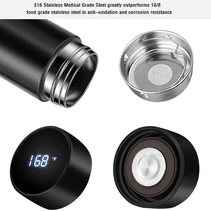 Stainless steel water bottle components with digital temperature display and mesh filter.