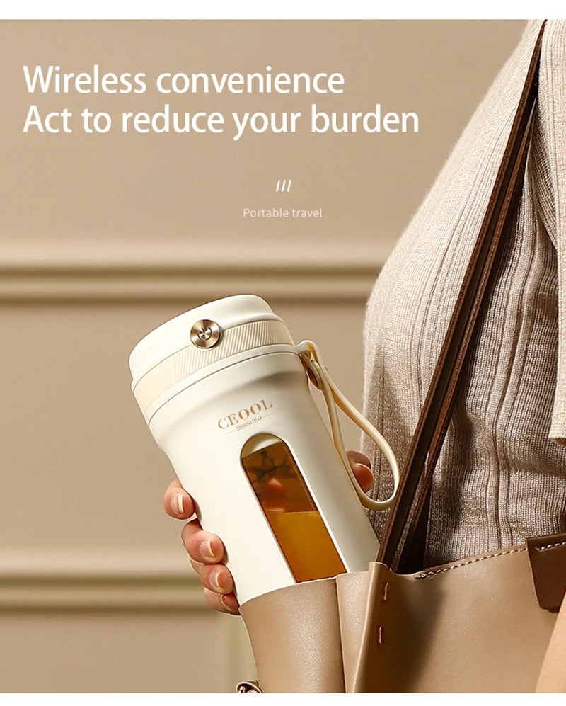 Person holding a white travel mug with text about wireless convenience